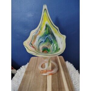 Handblown Art Glass Vase Rainbow Swirl Coil Base 12in Tall